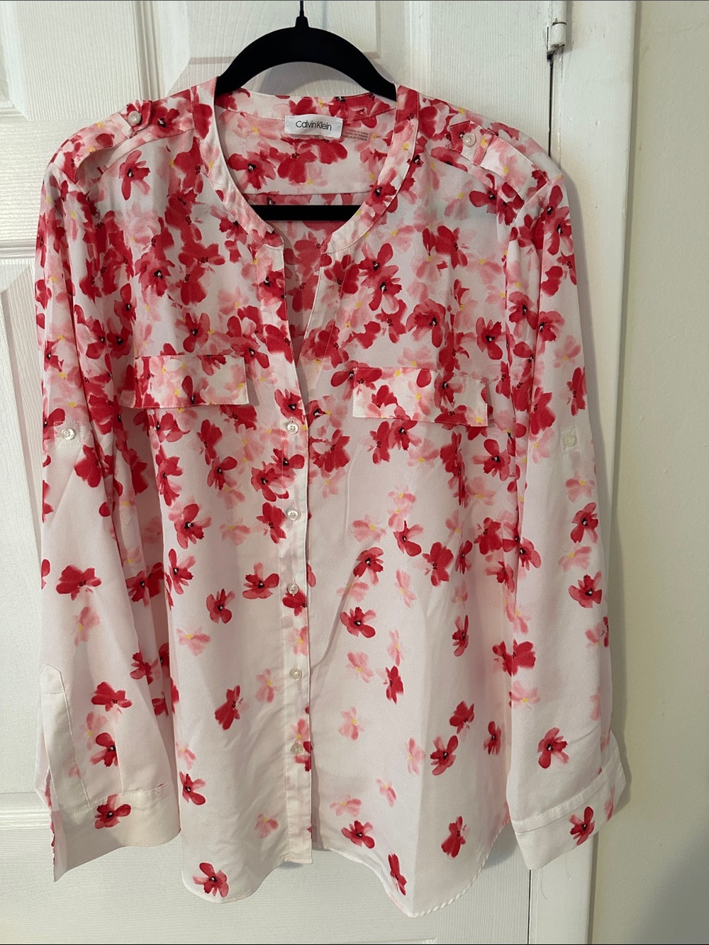 Calvin Klein White Button-Front Blouse with Red Floral Print